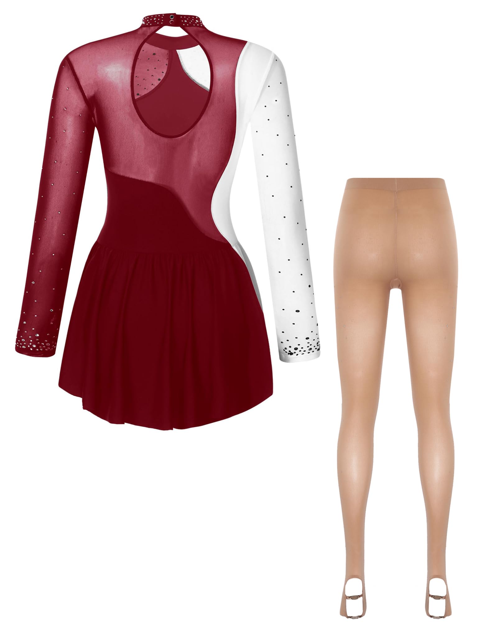 TTAO Vestido de patinaje artístico para mujer, con diamantes de imitación, manga larga, malla, patchwork, maillot con patinaje artístico, medias de patinaje sobre hielo, ropa de competición