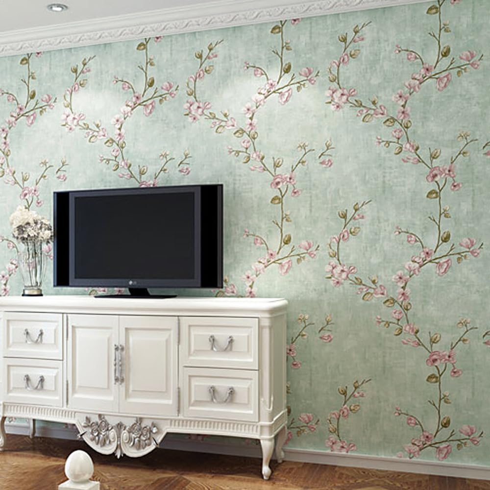 HimYKEA American Countryside Rustic Non-Woven Wallpaper Small Flowers Tree Pattern Retro Style Bedroom Living Room Background Non-Woven Wallpaper Light Green 1.73'W x 32.8'L