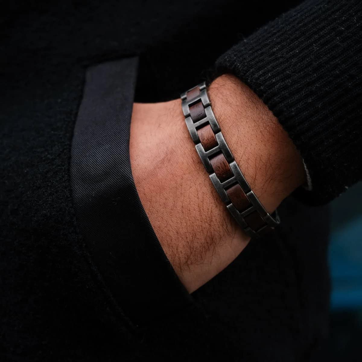 HOLZKERN Herren-Armband Edelstahl mit Holz Acoustic Walnuss/Antik-Silberfarben