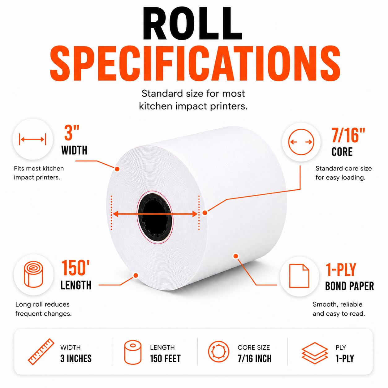 BAM POS Papel de recibo de cocina de 1 capa, 7,6 cm x 150 pies, color blanco (24 rollos) | Rollos de papel para restaurantes, hoteles y puntos de venta al por menor. Compatible con Star SP700, TM U200, SRP275