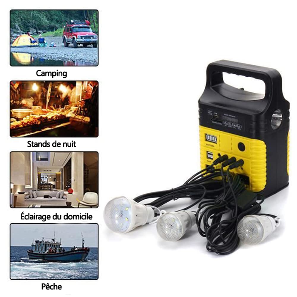 Générateur Solaire,Centrale Électrique Portable 7500MAH avec Solaire Panneau 2 sorties USB 5V DC, 4sortiesLED3,7V 3 Ampoules pour Camping,RV,Extérieur DC Générateur