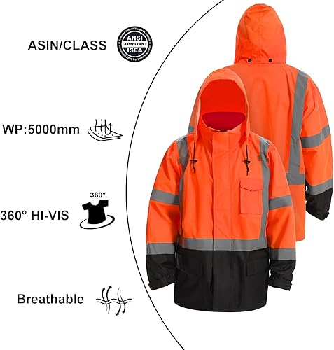 Miniatura 5 de Traje de lluvia de alta visibilidad clase 3, chaqueta de lluvia Hi Vis con tiras reflectantes 3M, Naranja02