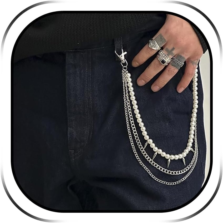 Jean Chain for Men Layered Wallet Chain Pearl Strand Charms