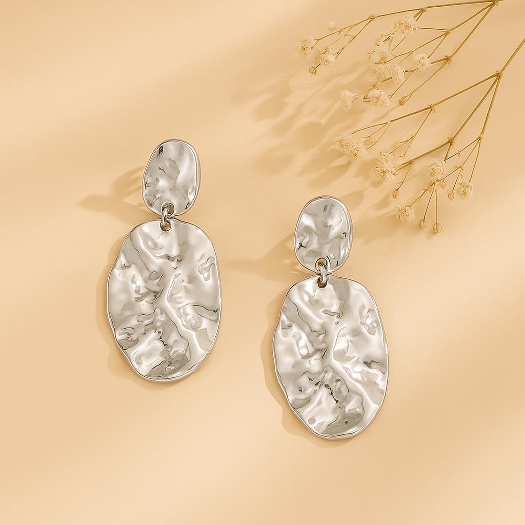 Chunky Irregular Geometry Clip On Earrings for Women, Matte Gold/Silver Retro Oval Dangle Drop Clip Earrings Non Pierced Clips Stetement Jewelry Gifts - Image 4