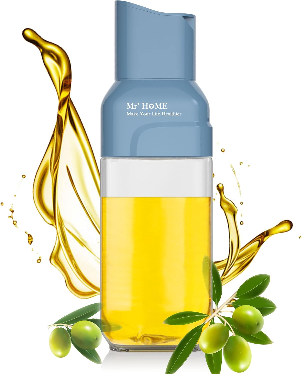AYOTEE Auto Flip Oil Dispenser Bottle,550ml 18.6 OZ Glass Cooking Oil Container with Automatic Cap and Non-Drip Spout,Gravity Olive Oil Dispenser Bottle for Kitchen,Barbecue,Baking,Roasting(Blue)…