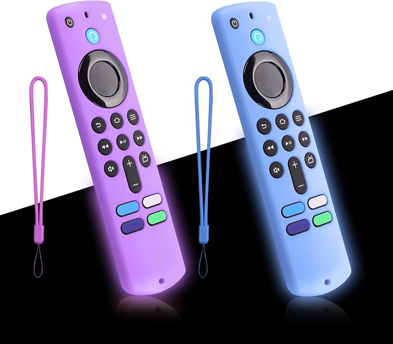 2-Pack Glowing Remote Cover for Smart TV Remote Controller, Blue & Purple | Silicone Protective Case with Lanyard, Glow Blue and Glow Purple, Glowing in the Dark, GITD!