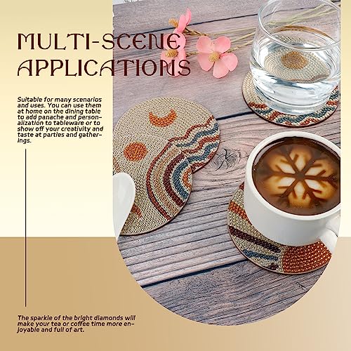 Image of 8 Pcs Boho Diamond Painting Coasters Kit with Holder, Abstract Moon Wooden Diamond Art Non-Slip Coasters for Beginners & Adults Dining Decor Art Crafts