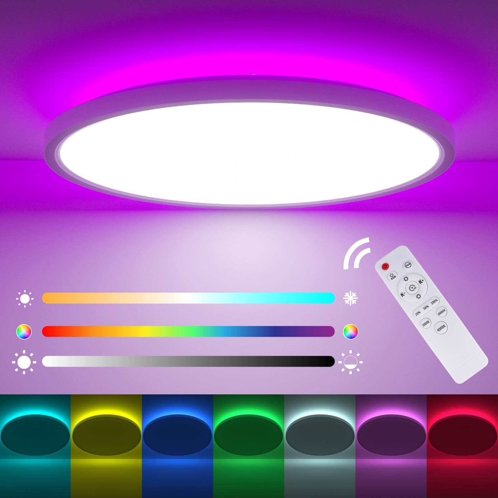 LED Ceiling Light with RGB Backlight, 24W 11.8inch 3000-6000K 3200LM Dimmable, Flush Bathroom Ceiling Light with Remote Control, IP54 Waterproof for Bathroom Bedroom Kitchen Living Room Lighting