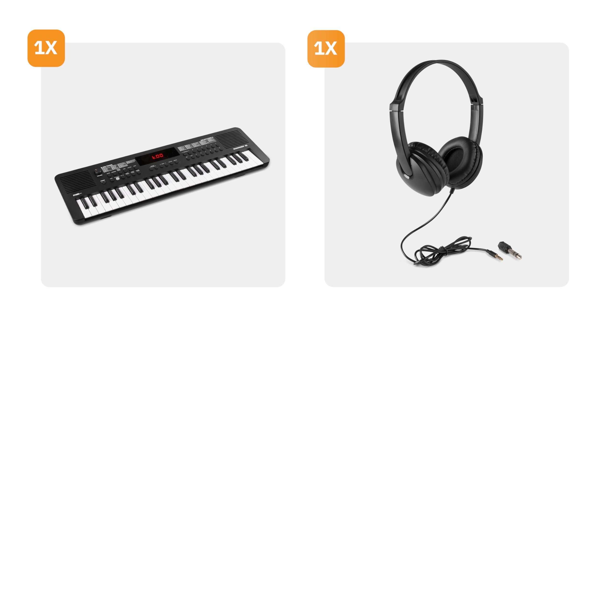 MAX Rhapsody49 - Piano eléctrico de 49 teclas para principiantes con función de aprendizaje, teclado con altavoz, pantalla LED, 80 canciones de demo, 300 de sonido y ritmos, USB-C, Midi y auriculares