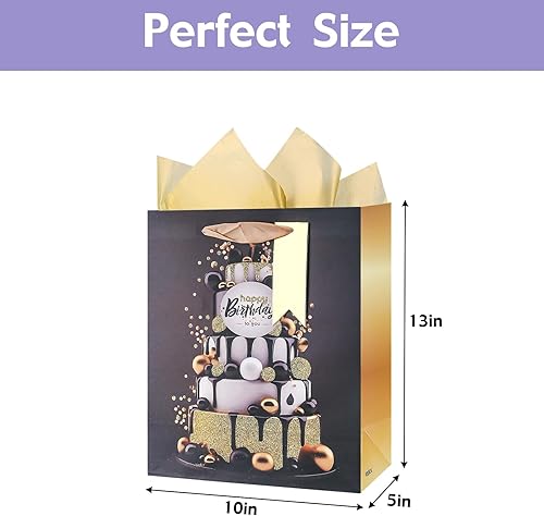 Miniatura 2 de lilymelon Paquete de 4 bolsas grandes de regalo de cumpleaños de 13 pulgadas para fiesta de cumpleaños con papel de seda (negrodorado)