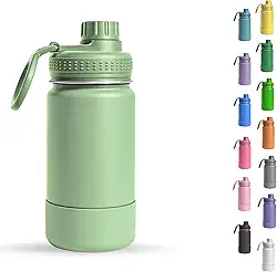 Garrafa Térmica Infantil - 350ml, Aço Inox 304 Parede Dupla de Isolamento 24horas Gelado, Tampa Rosca De Segurança, Anti Vazamento, Base Silicone AntiDerrapante, BPA Free (Verde Leve)
