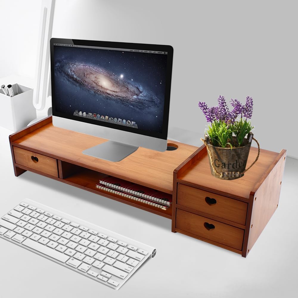 Retro Bamboo Monitor Stand with Heart-Shaped Drawer Pull – Painted Smooth Surface, Easy Clean – Adjusts Monitor Height to Reduce Eye/Shoulder Strain – Cable Management Hole, Home Office