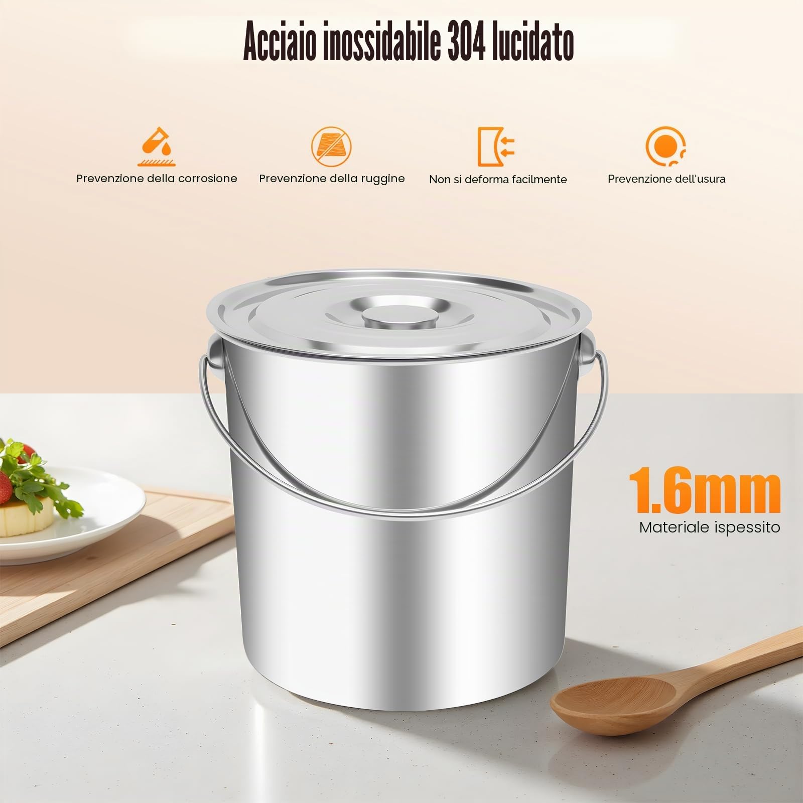 Secchi in acciaio inox con coperchio, 6/12/20 l, per alimenti, secchi da cucina, per latte, per cereali, contenitori per riso, farina e cereali (20L)