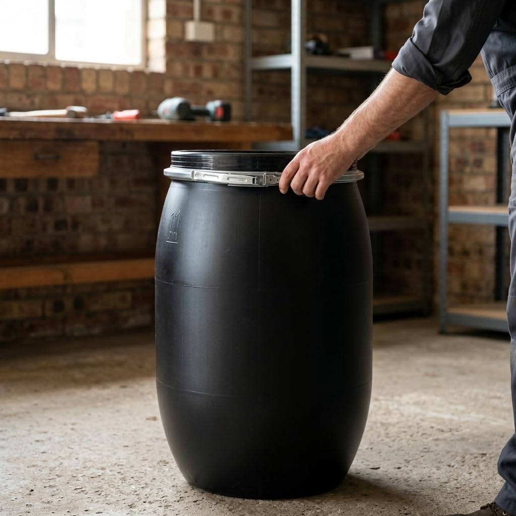 2X 120 Liter Weithalsfass Schwarz mit Deckel, Spannring und Dichtung, UN-Zulassung, HDPE Kunststofffass, Deckelfass, Lagerfass, Regentonne, Universalfass für Garten, Garage und Lager