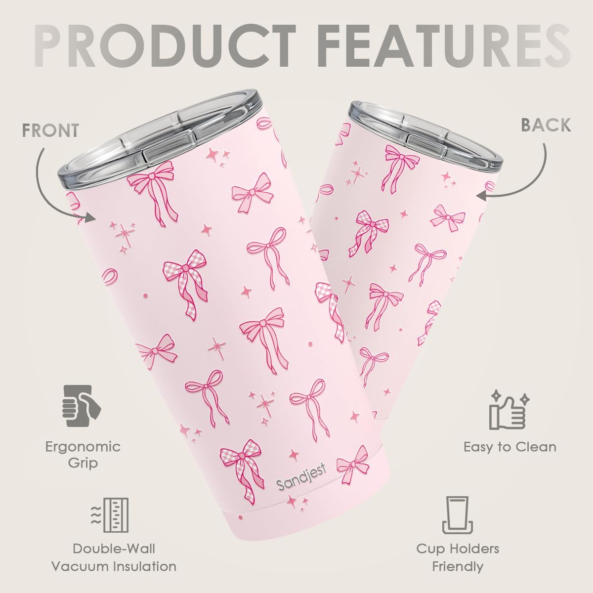 SANDJEST Bow Tumbler 20oz, Stainless Steel Travel Cup with Lid, Insulated Coffee Mug, Bow Gifts for Women Girls Friends Sisters on Birthday Christmas (Pink) - Image 2