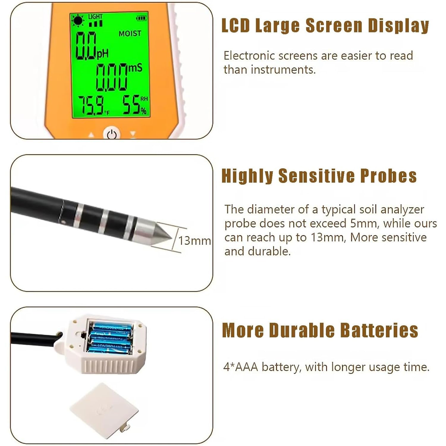 Medidor de suelo for plantas, medidor digital de humedad del suelo con medidor de pH/CE/luz/temperatura/humedad del aire, medidor de pH de conductividad del suelo de alta precisión for plantas