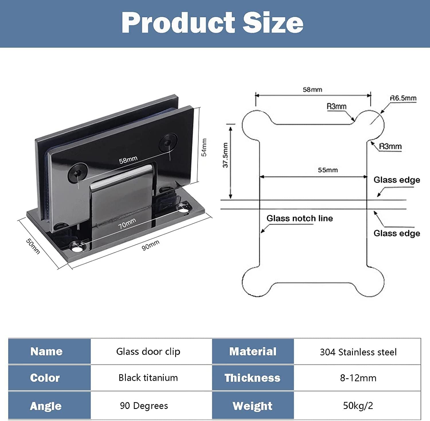 Glass Door Hinge,Pivot Hinge,2 Pack 304 Stainless Steel s, Black Titanium90° Single Edge Bathroom Glass Clamp, 8-12mm Frameless Shower Door Hinges