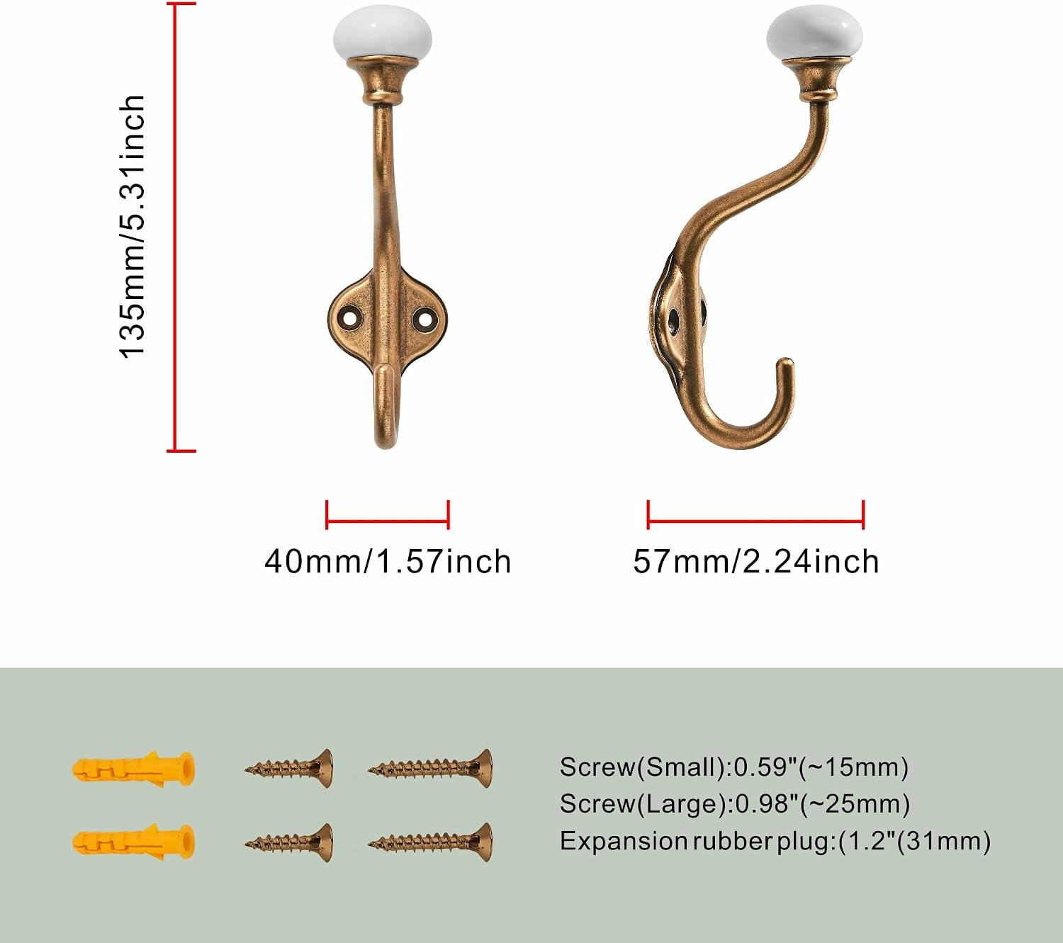 CHIVS Coat Hooks- 5 Pack Antique Brass Wall Hooks, Ceramic Coat Hooks, Decorative Wall Mounted Towel Hanger, zinc Double Prong Hook for Hanging Clothes, Keys, Hats, Backpacks