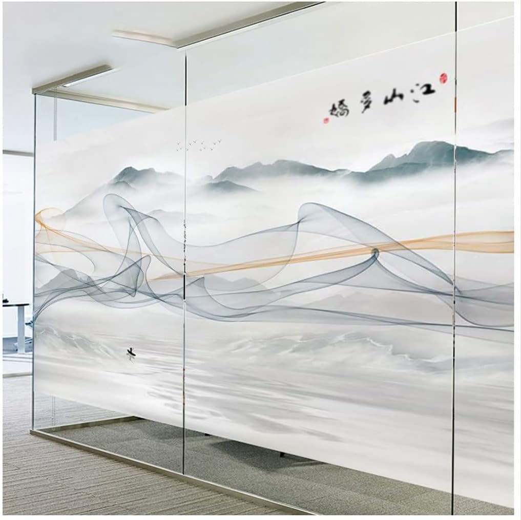 Window Clings Chinese Landscape Window Frosted Translucent Glass Sticker Film Suitable for Office Push Door Bathroom Toilet Sticker Privacy Window Film(C,90 * 180 cm)