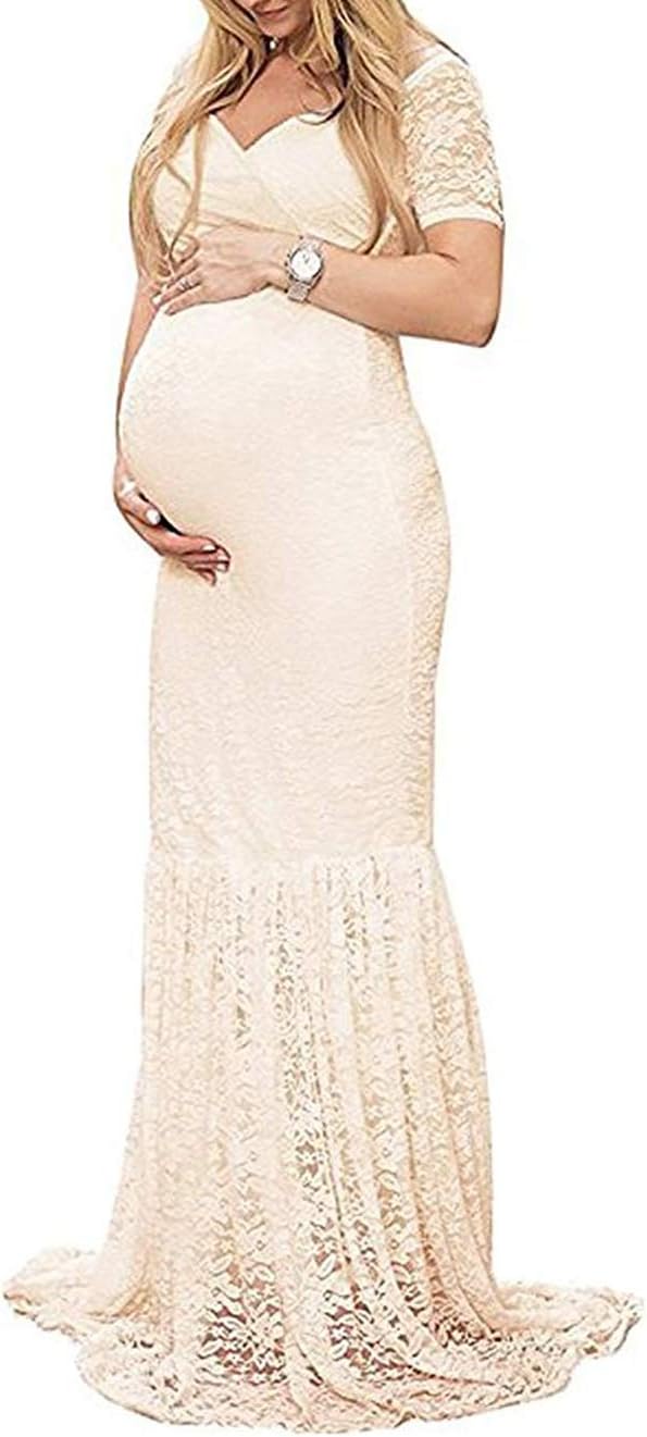 ZIUMUDY Womens Off Shoulder Short Sleeve V Neck Lace Maternity Gown Maxi Photography Dress