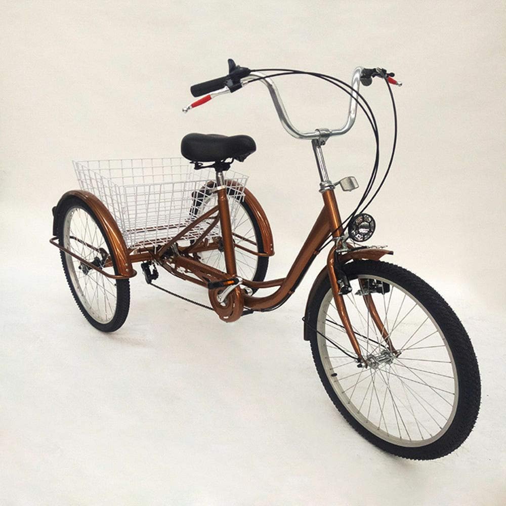 24 "Adult Tricycle Easy Travel 6 Speed Senior Tricycle, Adjustable Handlebar, O-Shaped Anti-Collision Bar With Light,for Outdoor Sports and Shopping (Golden)