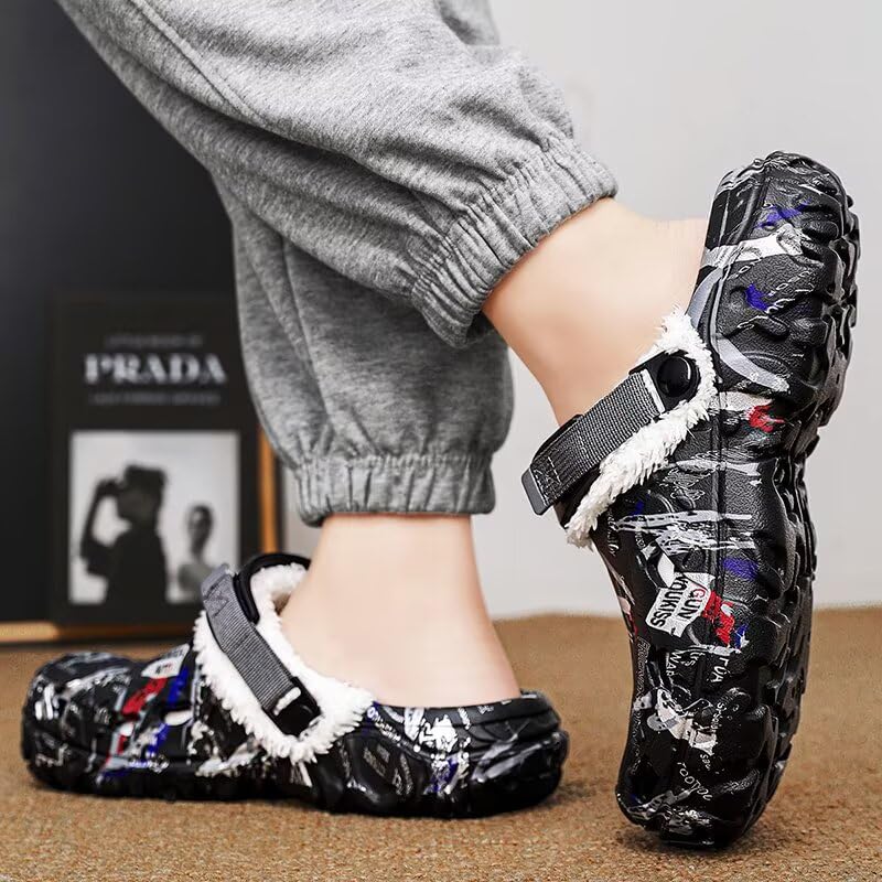 Image of Men's Graphic Fuzzy Lined Clogs Winter Slip On Shoes | Warm Plush Lined Clog Shoes with Vintage Printed Design, Lightweight Closed Toe Casual Footwear for Indoor Outdoor Daily Wear
