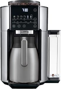 De'Longhi TrueBrew Machine à café à goutte, broyeur intégré, portion unique, 8 oz à 24 oz avec carafe de 40 oz, café chaud ou glacé, acier inoxydable, CAM51035M