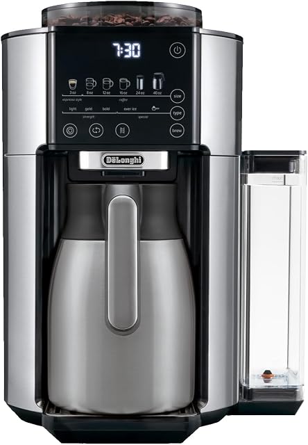 De'Longhi TrueBrew Machine à café à goutte, broyeur intégré, portion unique, 8 oz à 24 oz avec carafe de 40 oz, café chaud ou glacé, acier inoxydable, CAM51035M