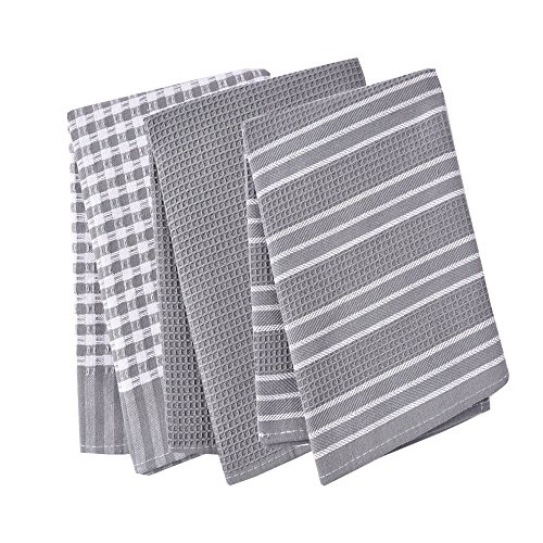 Paños de cocina, 100% algodón, de tejido de lino, diseño vintage, se pueden utilizar como plato de té toallas/trapo de cocina, 3 unidades, en gran tamaño 45 x 65 cm, 100% algodón, Gris, 45x65cm