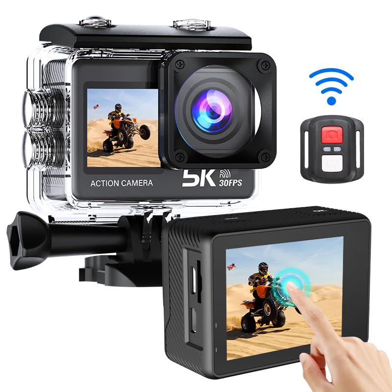 Jinpei 5K30FPS 50MP with 64GB U3 Card Action Camera, Waterproof Camera with Touch Screen IPX8 100FT EIS with 2X 1050mAh Batteries for Bike Jogging Hiking Climbing, JS-08B