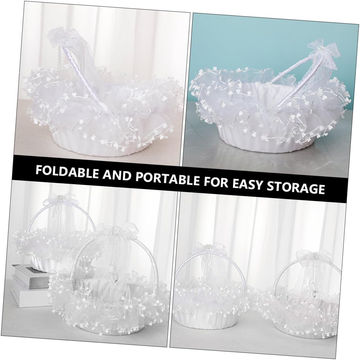 FOMIYES Lace Wedding Flower Basket Handheld Decorative Foldable White Flower Girl Basket for Wedding Ceremony and Party Supplies,