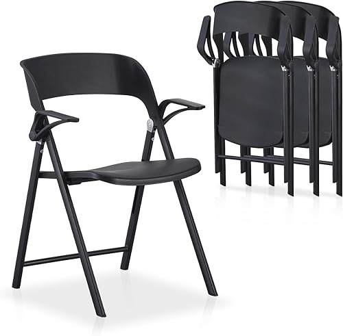Miniatura 9 de Silla de oficina con brazos, color negro, paquete de 2 sillas plegables de plástico, cómodas sillas de comedor apilables, silla plegable portátil