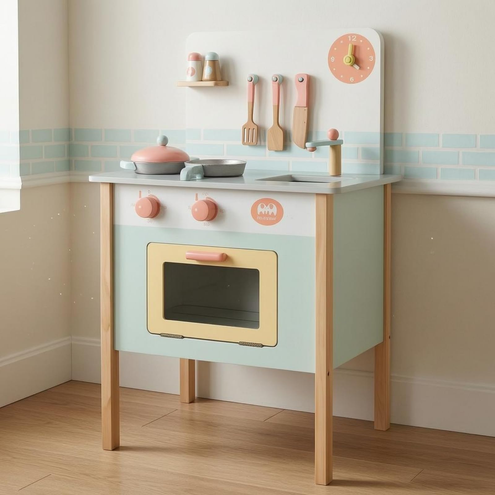 Spielküche Kinderküche Küchenmöbel Spielset Holz Herdplatte Spülbereich Ofentür Bedienknöpfe Regal Rückwand Kochgeschirr Und Besteck für Vorschule Familienbereich , Weiß