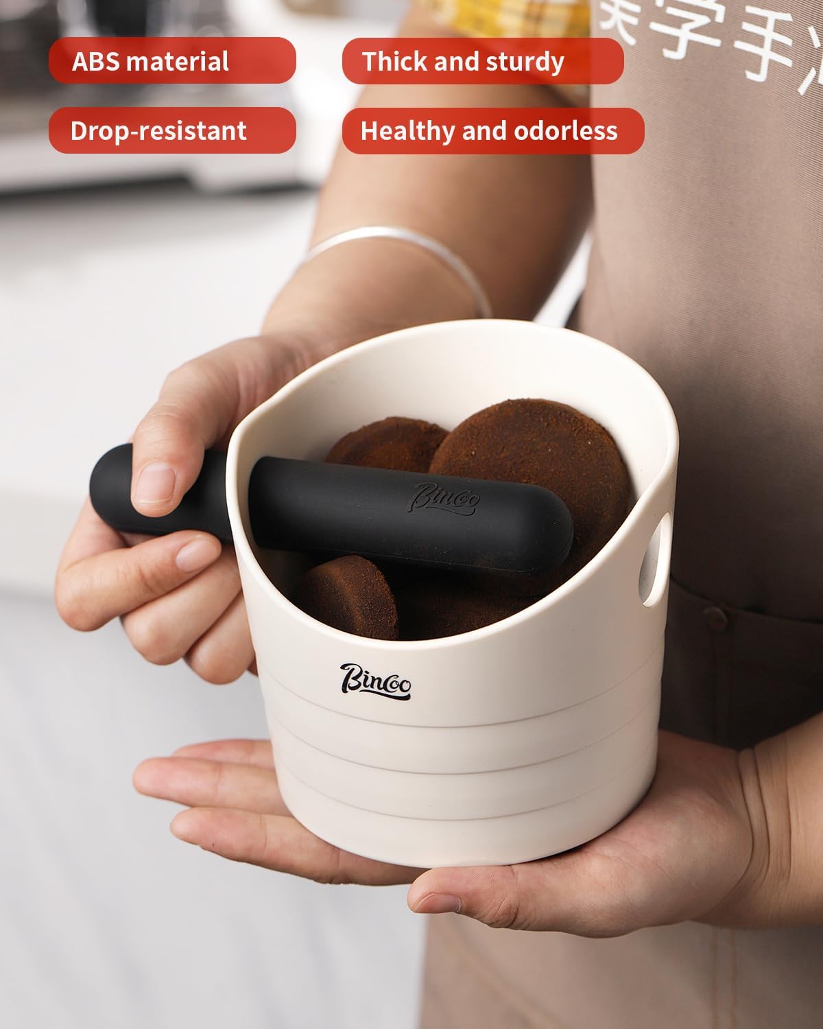 Bincoo Small Coffee Knock Box 4.5 Inch - Espresso Knock Box Accessories for Coffee Grounds Container - Multifunctional, Suitable for Home & Bar.(Off-white)