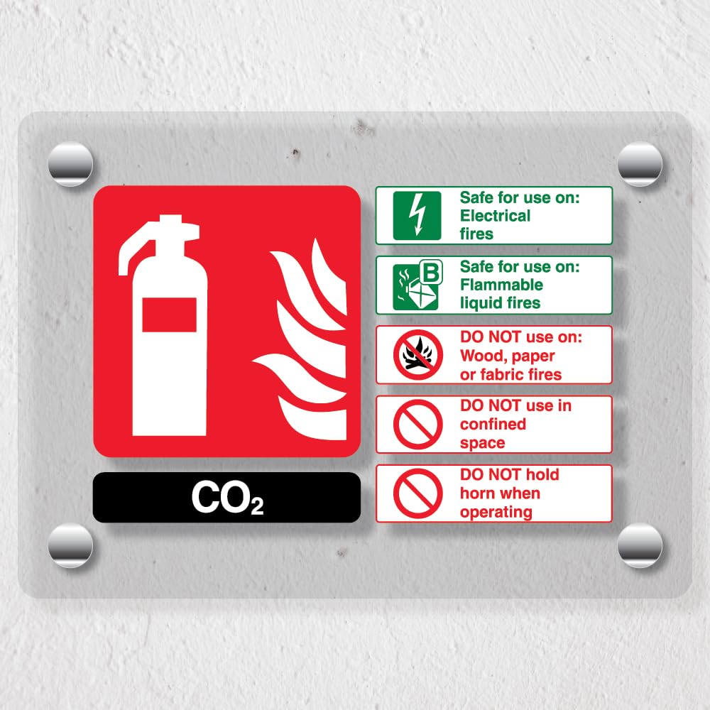 V Safety CO2 Fire Extinguisher - 150 x 100 mm - Acrylic Perspex Cast Clear Safety Sign