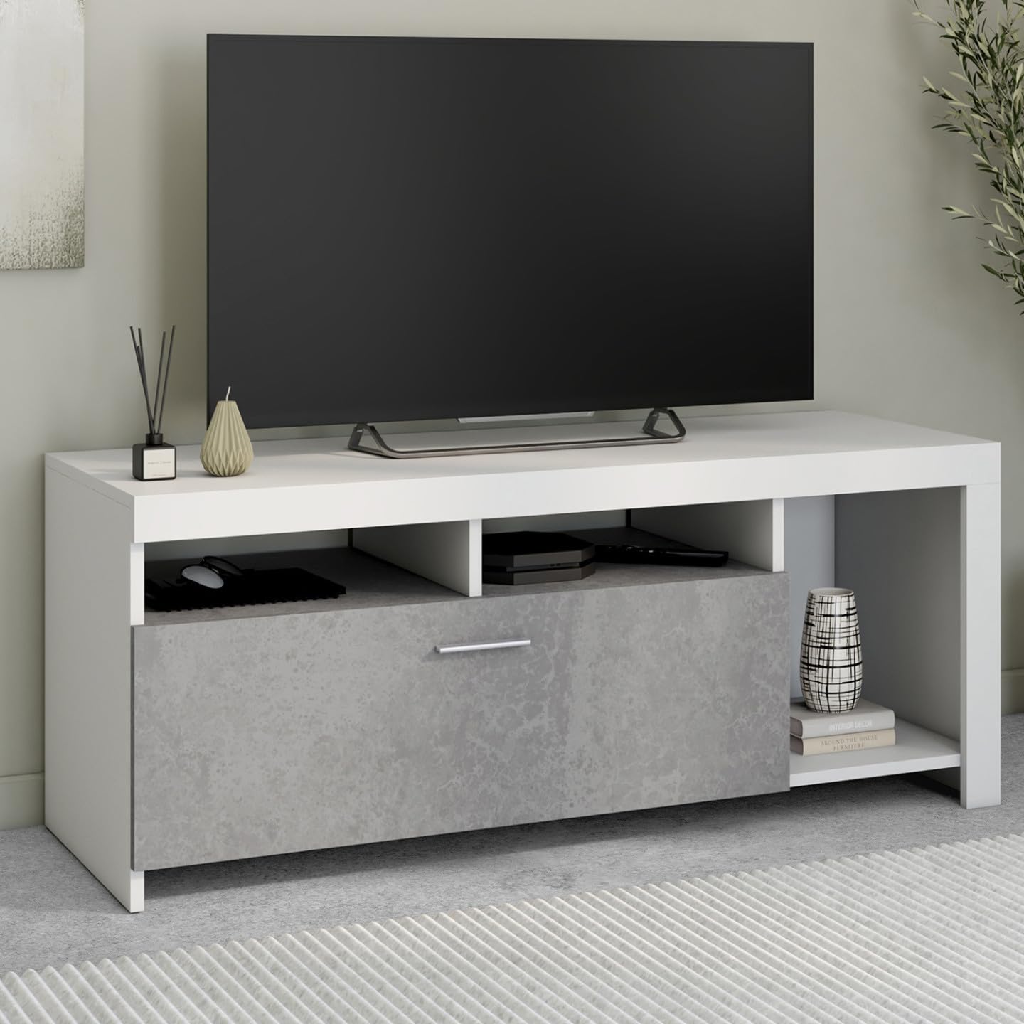 IDMarket - Mueble TV MALO blanco 110 cm y armario de hormigón