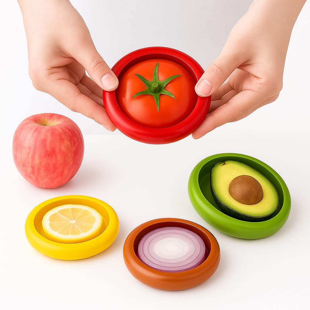 Reusable Silicone Food Savers – 4 Pack Fruit & Veggie Covers for Onion, Tomato, Lemon & Avocado – Airtight Seal, Dishwasher Safe, Eco-Friendly – No More Odours or Waste
