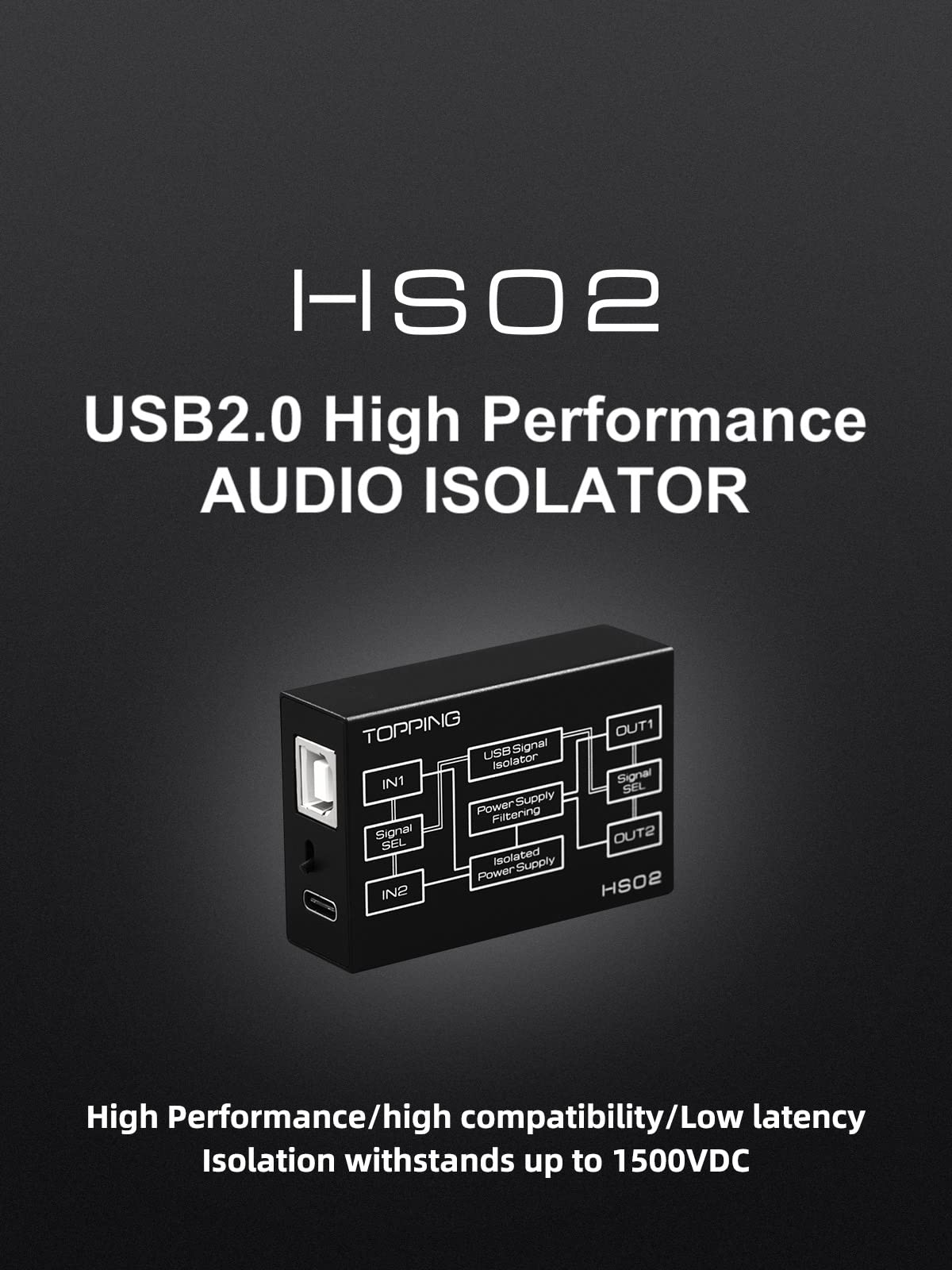 Topping HS02 USB 2.0 Isolatore audio ad alte prestazioni con ingressi USB-B e Type-C, compatibile con PCM32bit 768kHz DSD512 nativa a bassa latenza