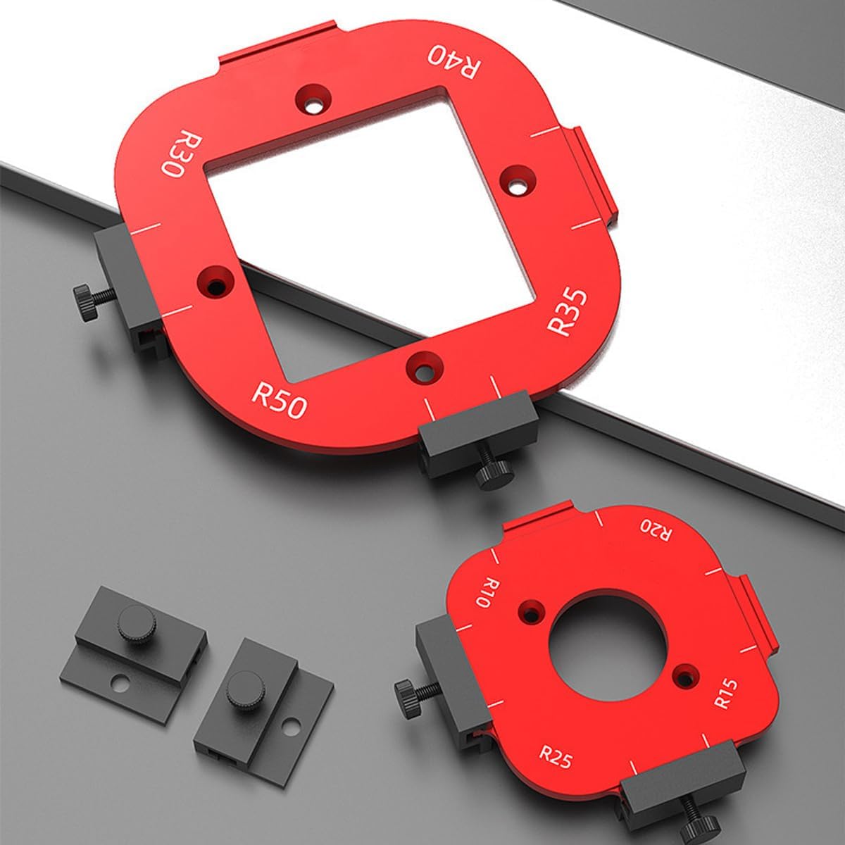 2 Set Corner Jig Template for Router Table Radius Chamfer, Aluminum Alloy Trimming Round Corner Template for Woodworking Picture Frame Cutting Outer Diamete R10/R15/R20/R25/ R30/R35/R40/R50