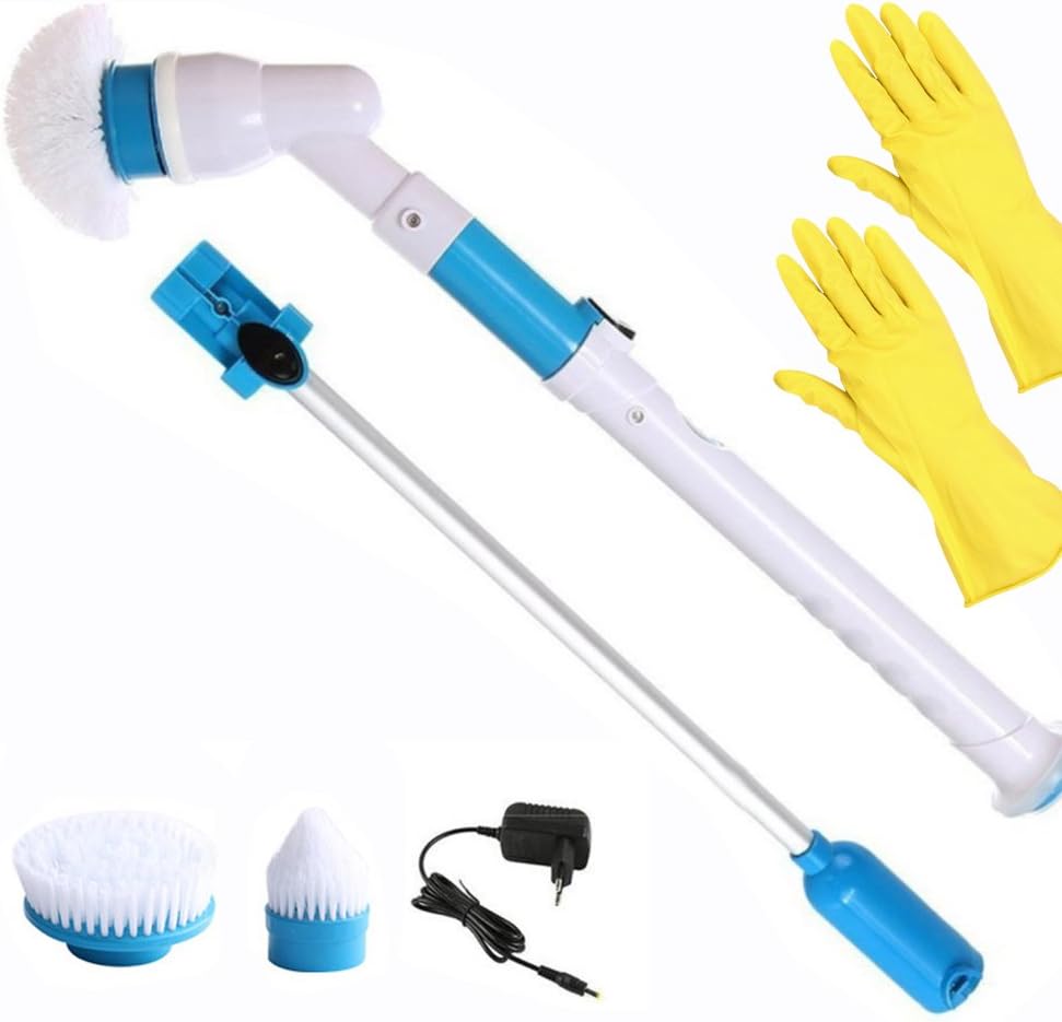 Emsmil Spin Scrubber Electric Cleaning Brush Scrubbing Cordless Rechargeable Extendable Clean Tool with 3 Replaceable Brushes Washing Rubber Gloves for Floor Bathroom Wall Toilet Bathtub Pool Tire