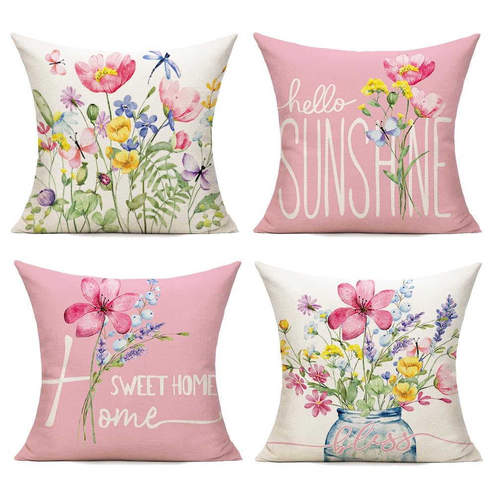 WOKANI Spring Outdoor Throw Pillow Covers 18x18 Set of 4 Garden Flowers Farmhouse Patio Decorative Cushion Covers Home Decor Couch for Sofa Bedroom