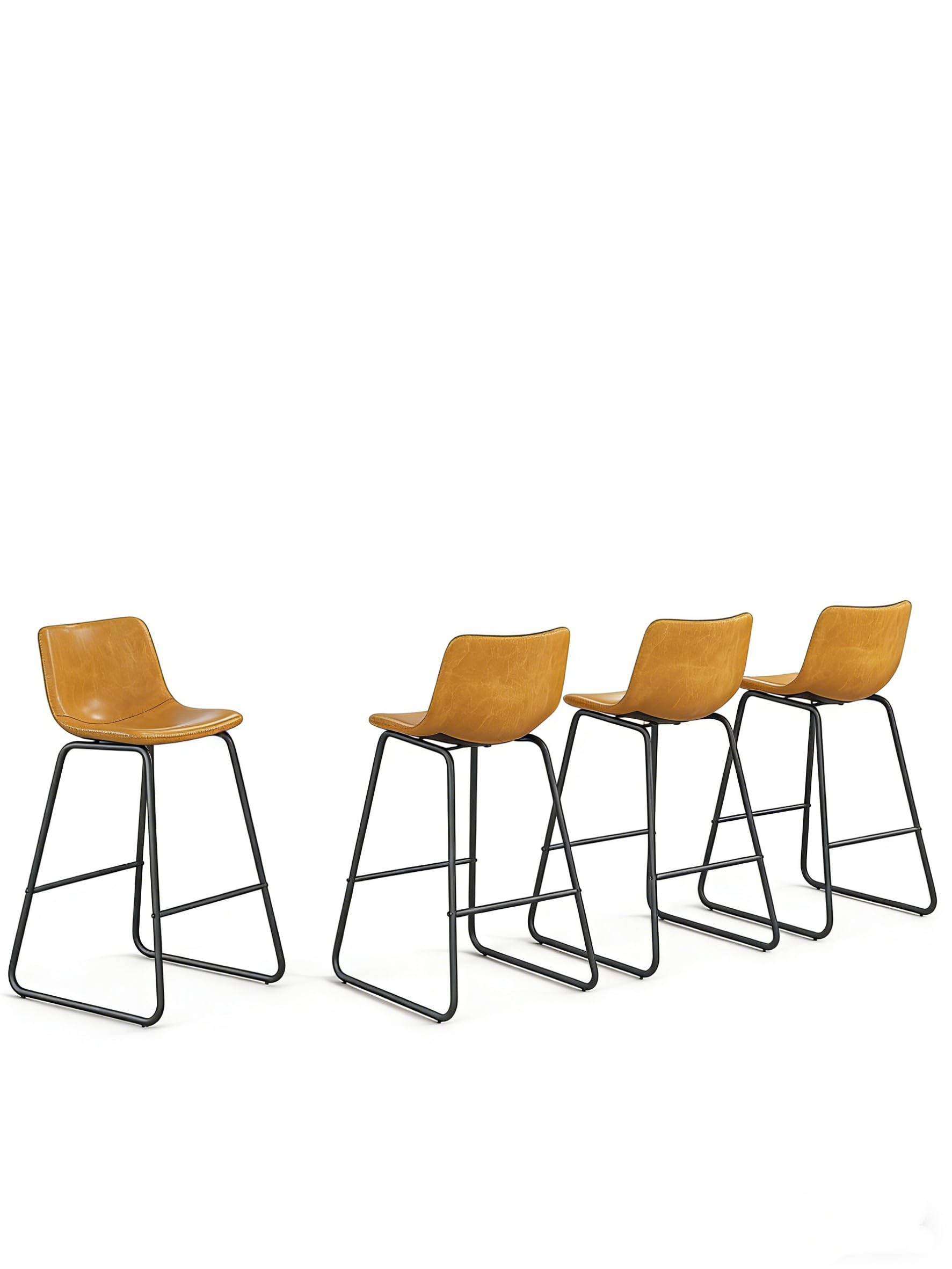 Aowos Bar Stools Set of 4, Modern Counter Height Bar Stools with Back, 26 inch Faux Leather Bar Stools with Metal Legs and Footrest, Urban Armless Dining Chairs for Kitchens Island (Brown)
