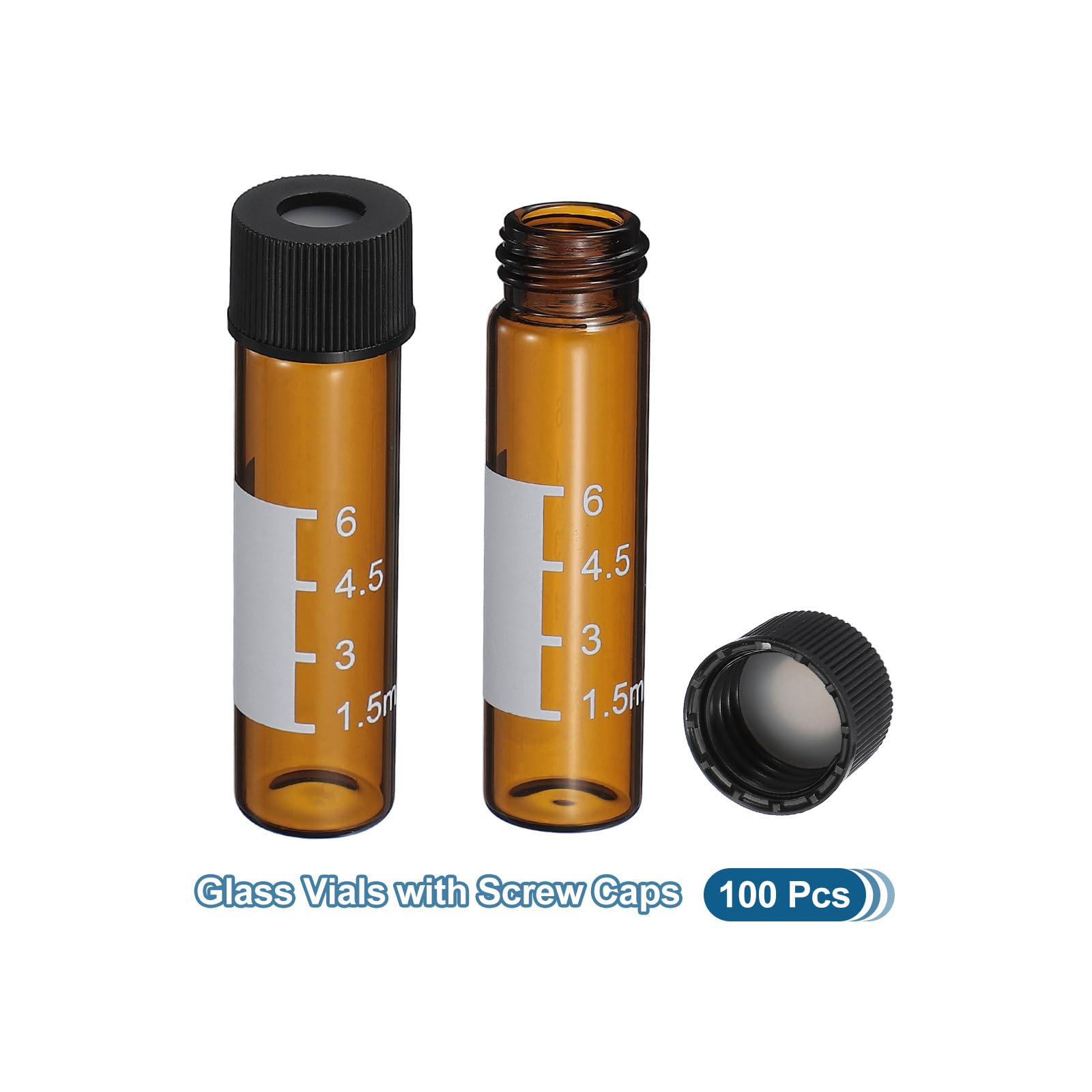 PATIKIL 8ml Vial Per Autosampler, Confezione Da 100 Vial HPLC/GC 9-425 Vial Da Laboratorio Ambra Vial Modello Tappo A Vite Area Di Scrittura Septa Bianca PTFE E Silicone Per LC Stamper