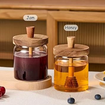 ANSQU Honey Pot, Airtight Glass Honey Jar with Dipper Stick and Wooden Lid, Honey Containers for Storing Honey, Mason Jar for Home Kitchen, 17oz