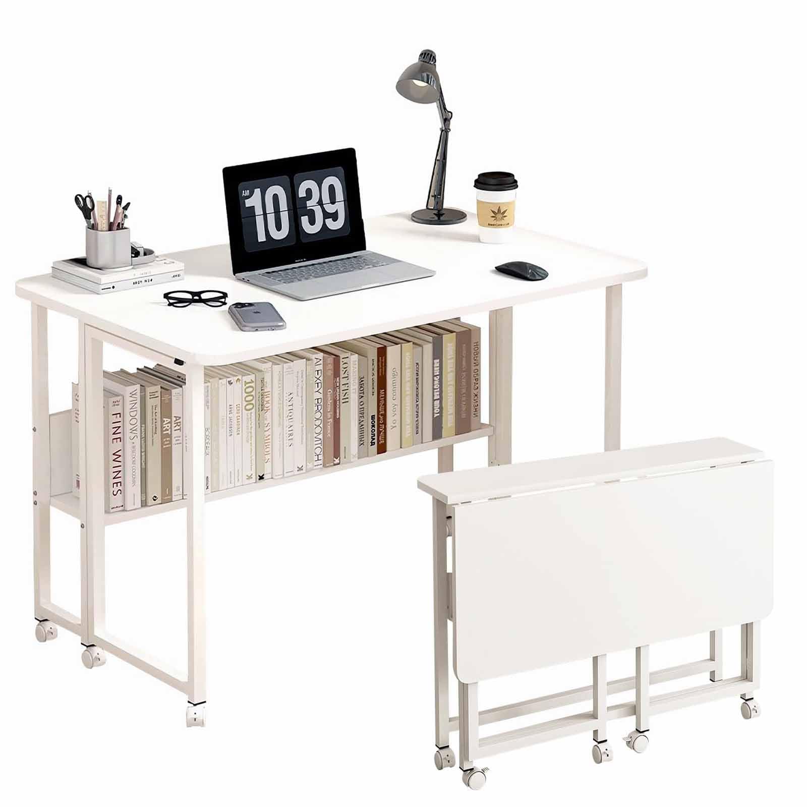 Escritorio para el hogar con capacidad de carga de 100 kg, con estante de almacenamiento, mesa de estudio plegable y móvil con rueda universal bloqueable, fácil de montar (blanco, 80 x 58 x 75 cm)