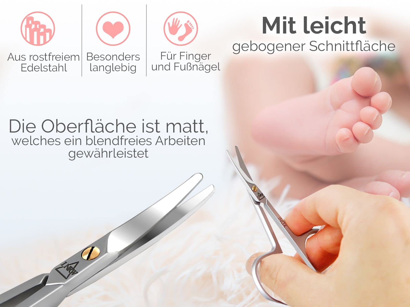 Babyschere Kinder-Nagelschere gebogen mit abgerundeten Enden für Babys und Kleinkinder Rostfreier Edelstahl Extra Kleine Maniküre Pediküre Schere für eine präzise Nagelpflege für Hände und Füße 8 cm