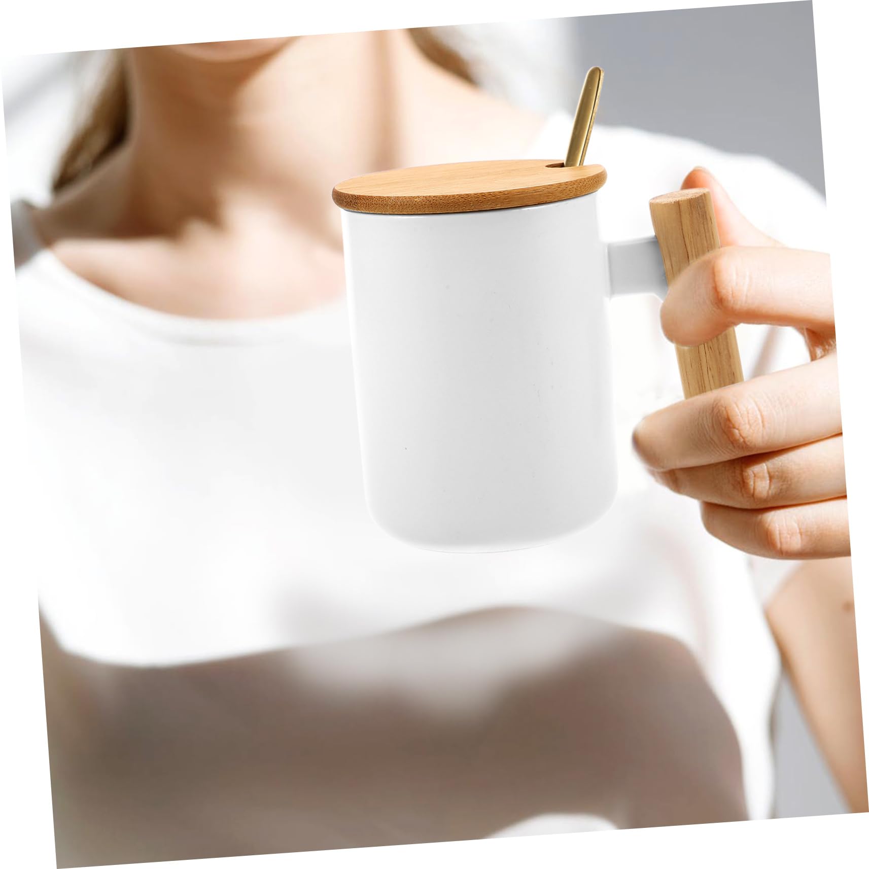 OUNONA 1 Satz Keramikbecher mit Deckel Tassen und Becher Tee Trinken Weiß Porzellan Kaffeebecher mit Deckel Kaffeetasse Withwood Griff einzigartige Kaffeetassen Tassen mit Deckel Holz