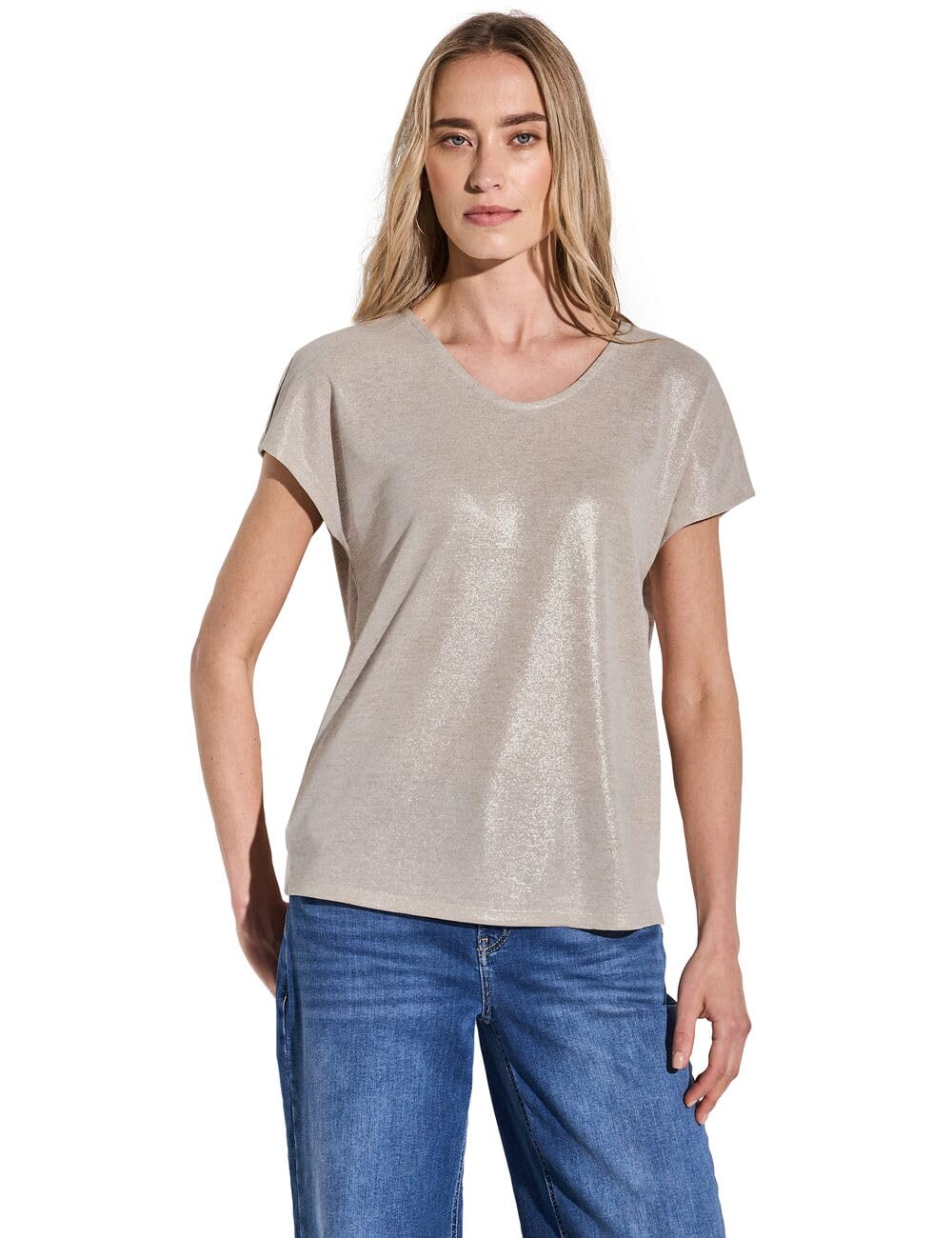 Street One Women's A322694 Shimmering V-Neck Shirt, Moonstone Sand, 10