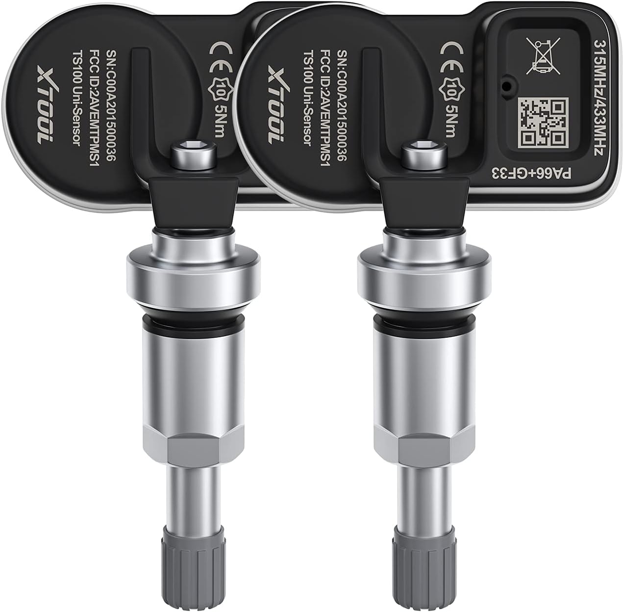 XTOOL TPMS Sensors TS100, 315/433 MHz 2-in-1 Tire Pressure Monitoring Sensors for TP150, Metal Screw-in Valves, (1 Pair)