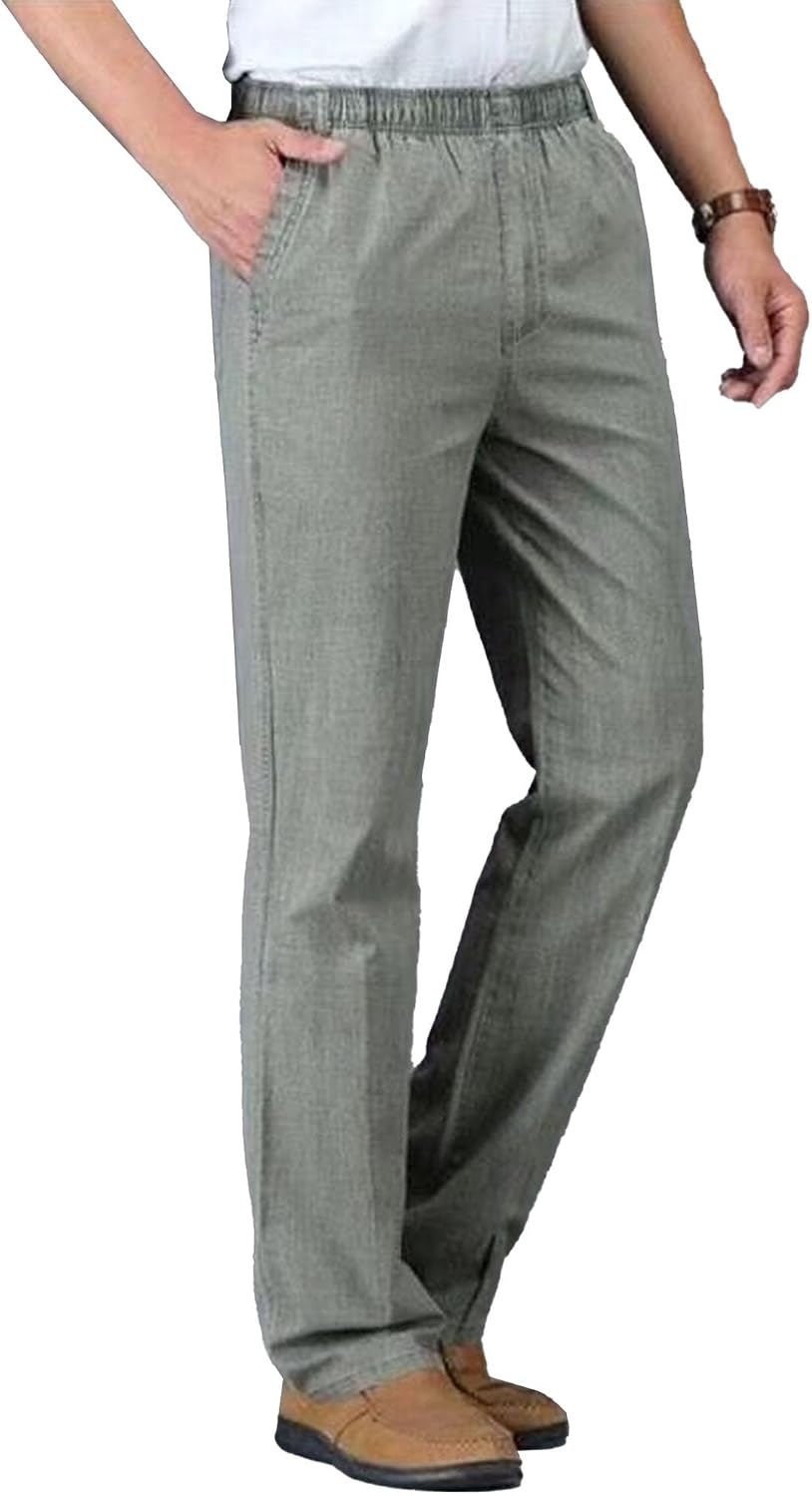 Men's Cotton Linen Loose Fit Casual Pants Elastic Waist Comfort Solid Trousers High Waist Solid Summer Pants